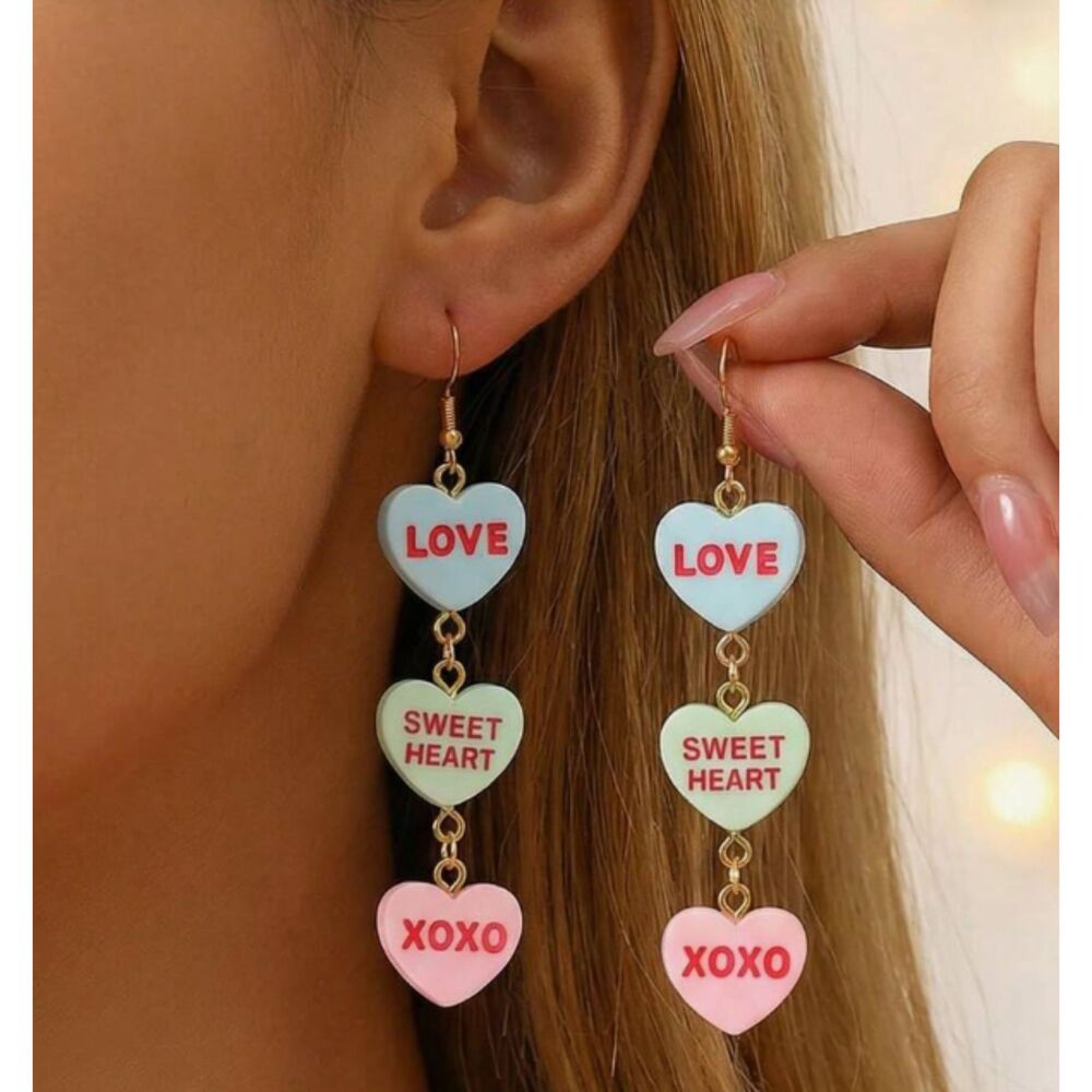 Pastel Valentine 3 Cady Heart Dangling Earrings 3.54" Long